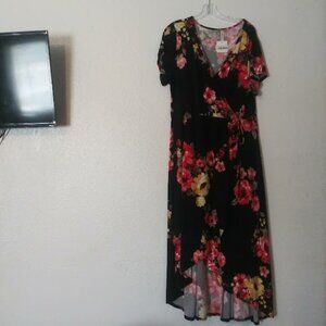 Emerald women's size 1X black multicolored floral faux wrap high low maxi dress